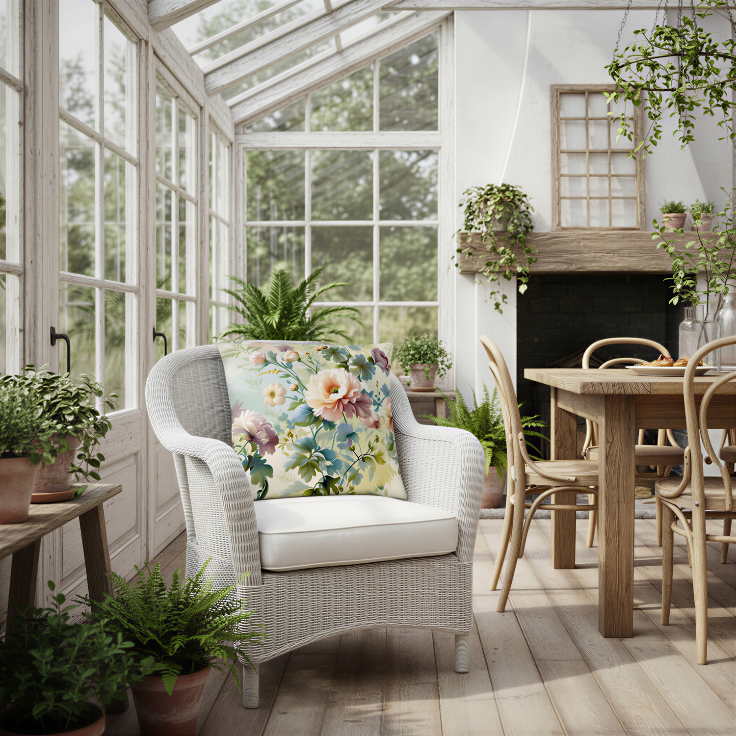 Floral throw pillow covered in a soft cottage garden design with large peach and pink blooms, delicate blue flowers, green foliage and trailing stems.