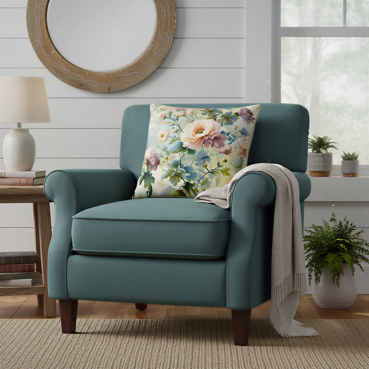 Square cushion displaying romantic pastel flowers in shades of peach, pink, ivory and blue, surrounded by leafy green stems in a painterly botanical design.
