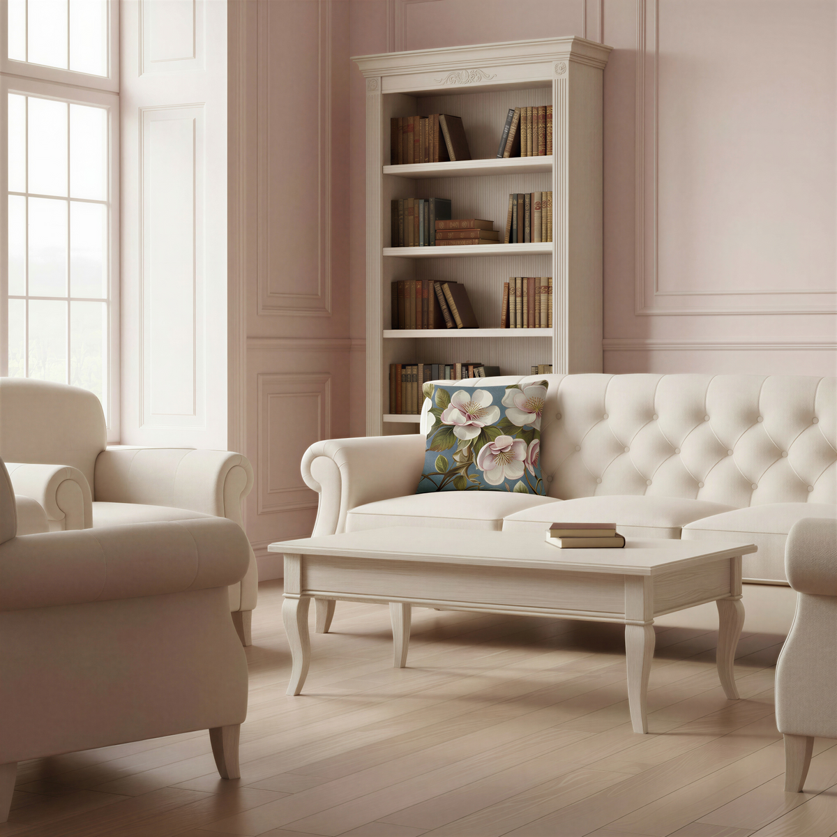 Square cushion featuring vintage-style botanical artwork of pale pink and ivory blossoms with prominent golden stamens, leafy branches and a soft muted blue backdrop.