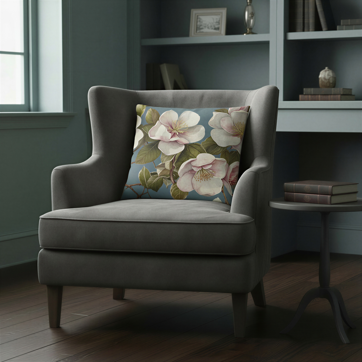 Decorative cushion showing delicate blush-white blossom flowers growing amongst olive-green foliage and woody branches, set against a calm dusty blue background.