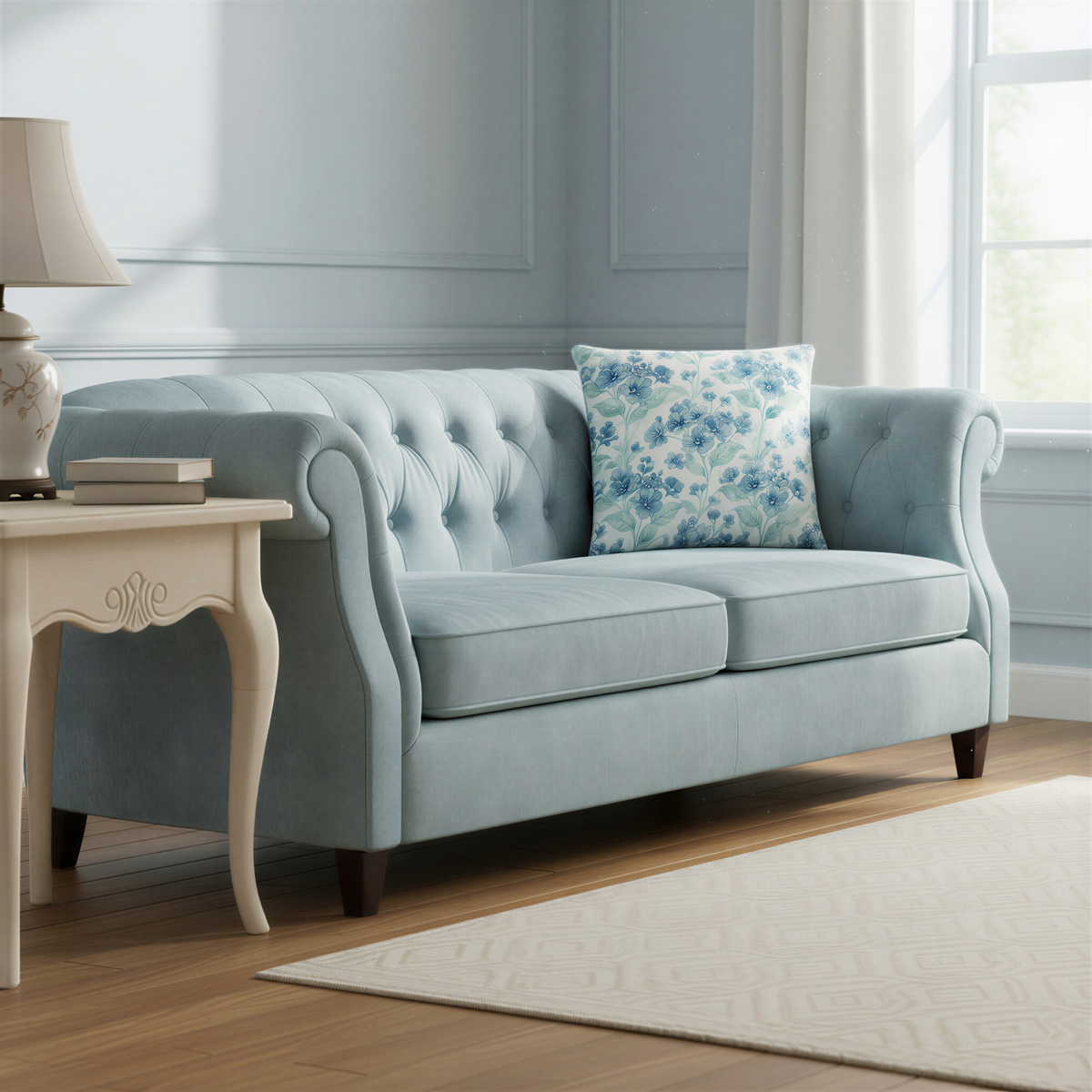 Floral cushion with an all-over pattern of delicate powder blue blossoms, small flower buds and translucent blue-green foliage against a light cream background.