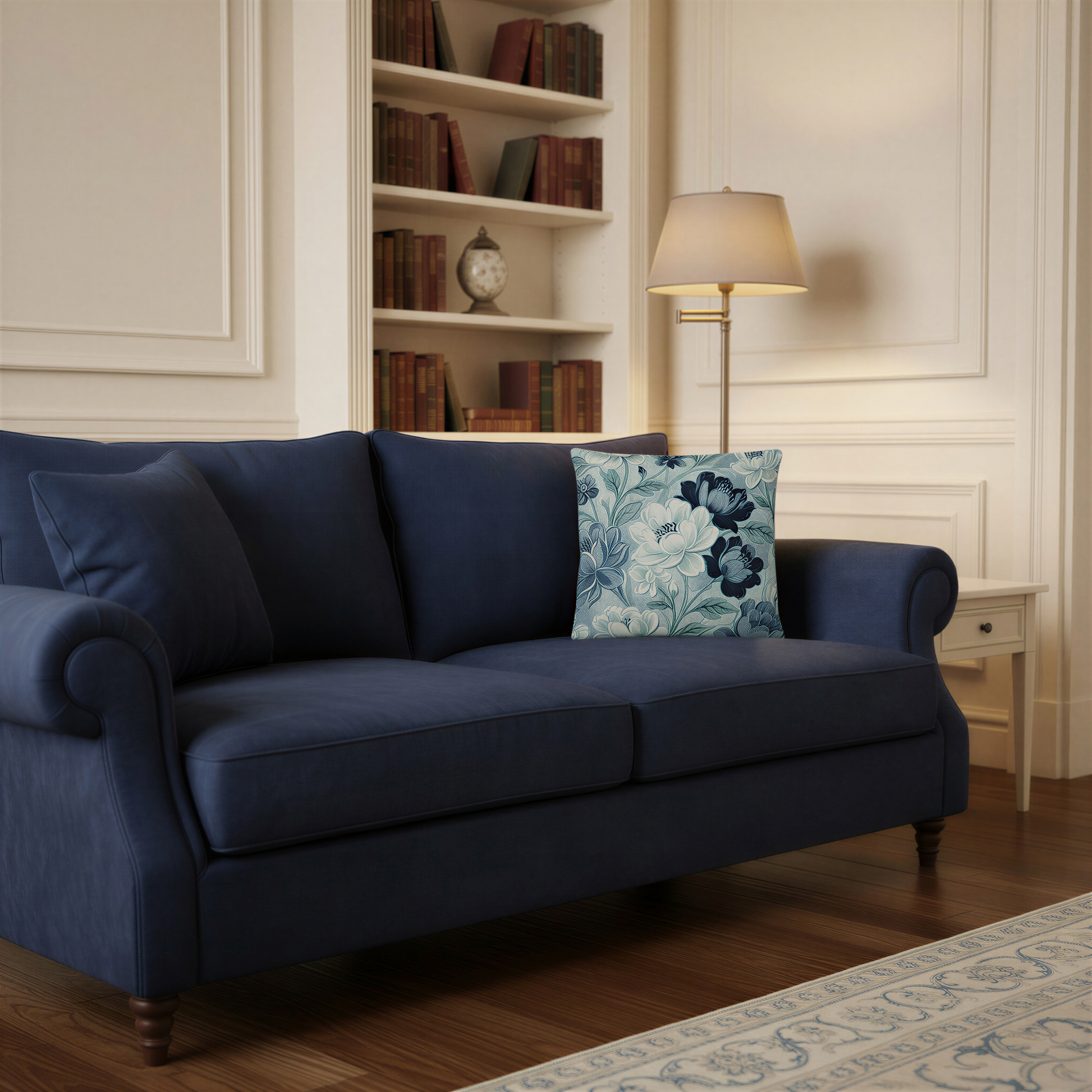 Floral scatter cushion covered with painterly flowers in deep navy, soft white and muted blue, intertwined with delicate stems and cool blue-green foliage.