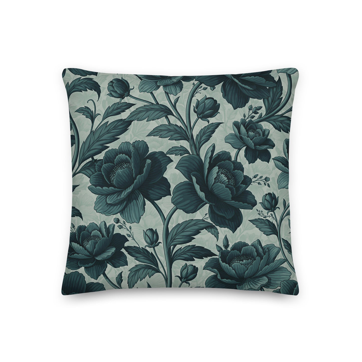 A beautifully detailed botanical pattern in sophisticated shades of deep teal and soft sage, this cushion brings classic charm and refined style
