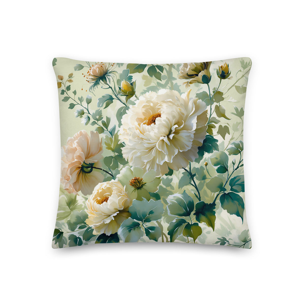 Cream floral cushion with blush accents, golden flower centres and layered sage-green foliage on a pale background.