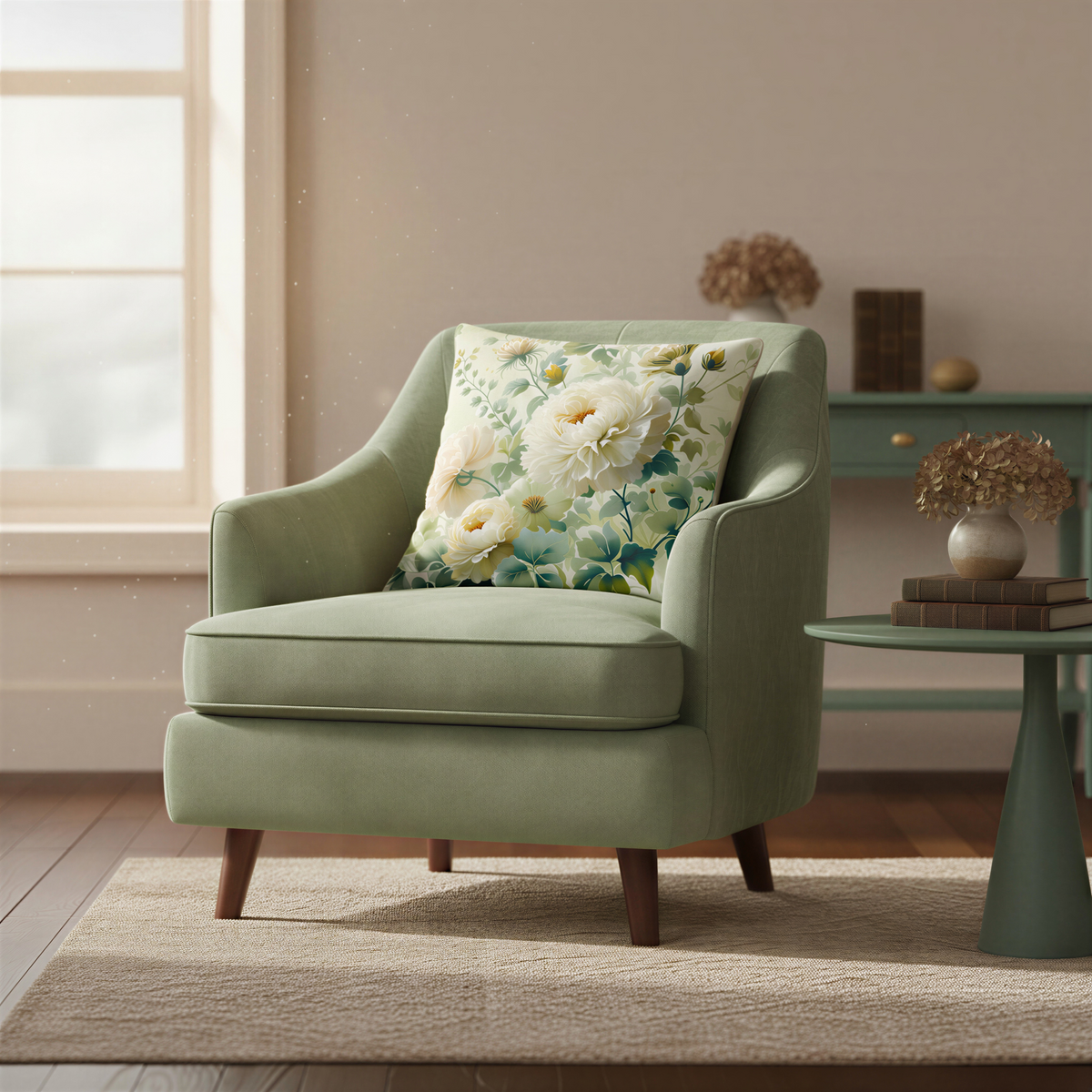Square cushion featuring a romantic botanical arrangement of cream blush flowers with golden centres, leafy stems and foliage in soft sage, teal and dark green.