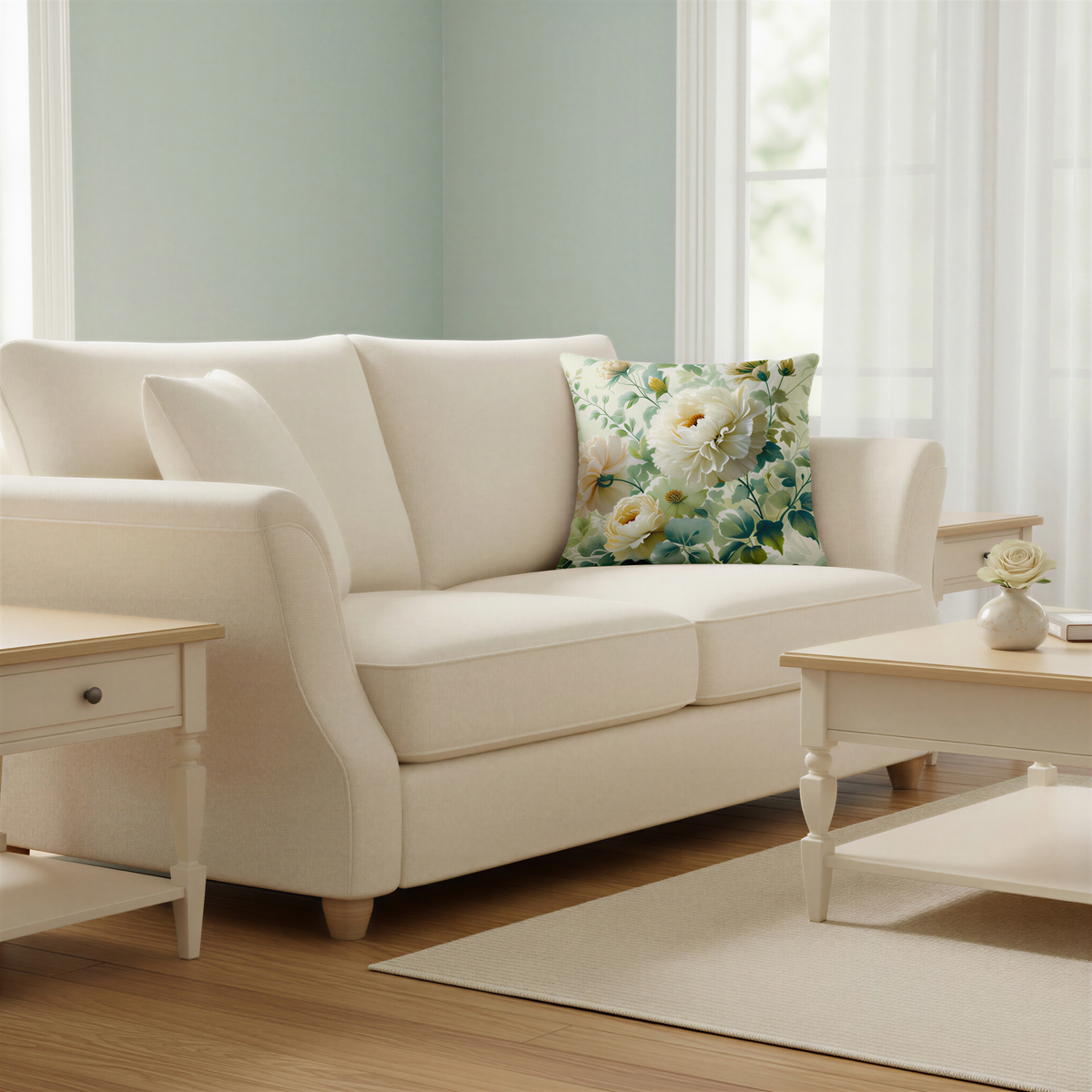 Decorative cushion covered in abundant creamy white flowers, delicate buds and lush green foliage against a light neutral background, creating a soft country-garden appearance.