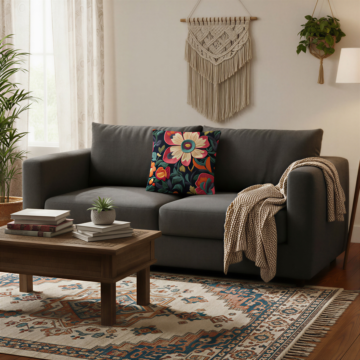 Decorative scatter cushion covered in colourful folk-art flowers and botanical leaves. Warm coral, peach, cream, and orange blooms contrast beautifully with blue-green foliage and a dark navy backdrop.