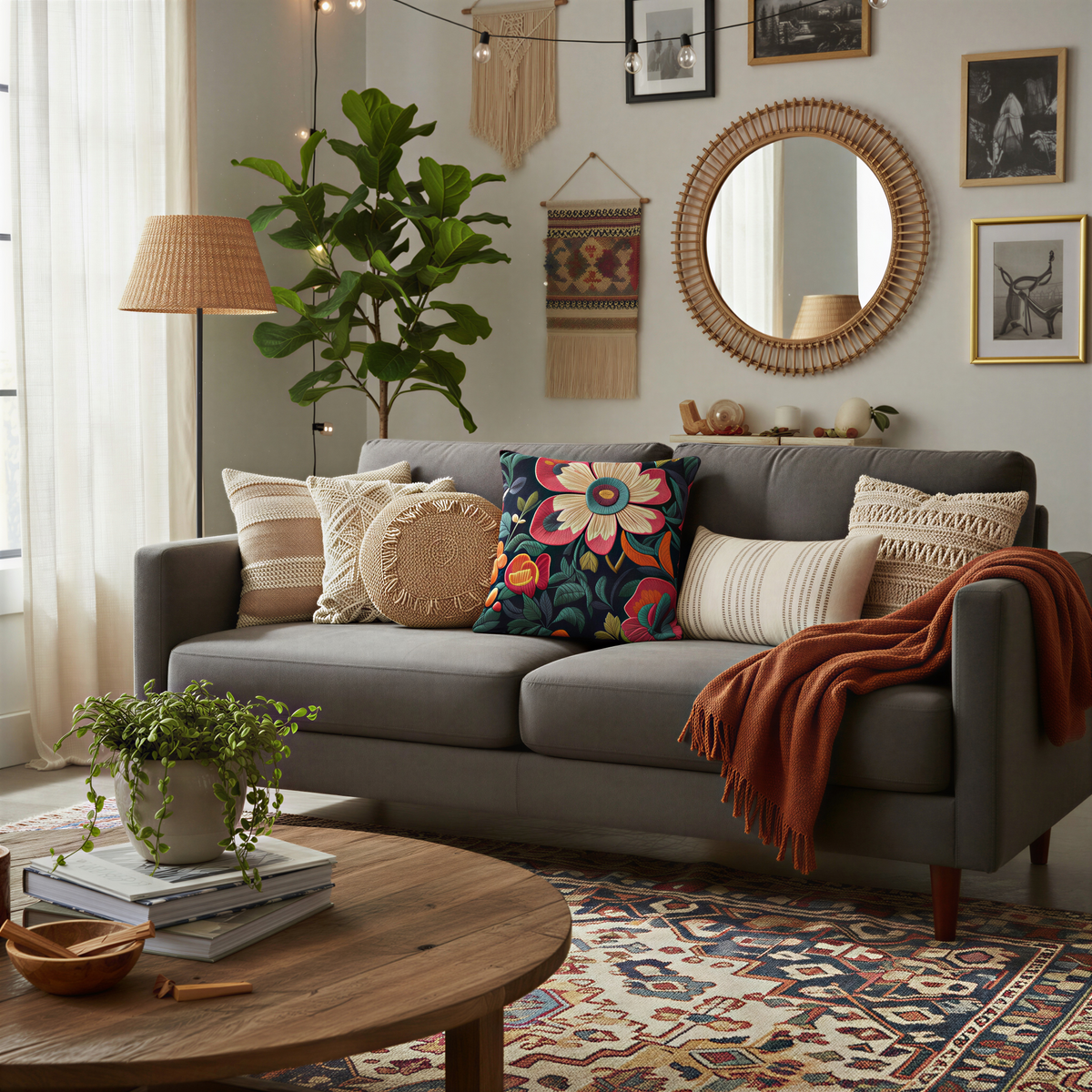 Boho-inspired cushion showcasing oversized floral motifs with a faux embroidered appearance. Vibrant flowers and flowing leaves in coral, teal, gold, and orange tones create a rich and artistic pattern.
