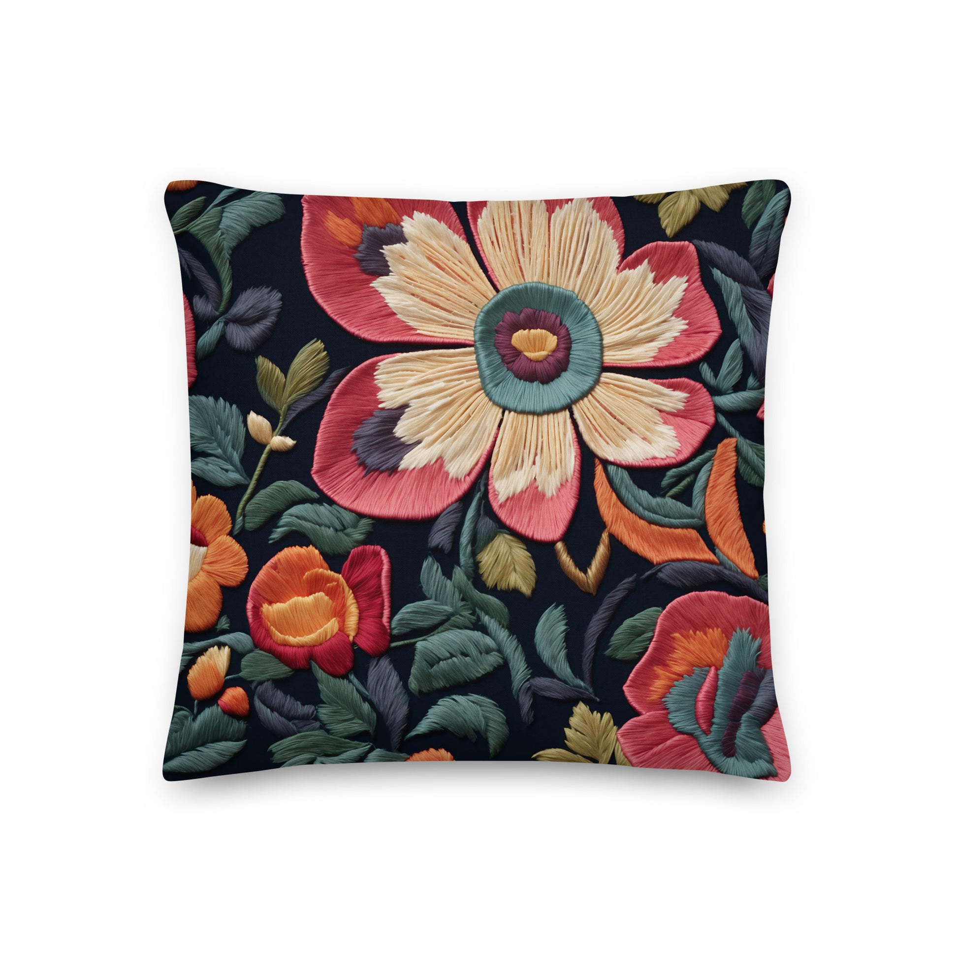 Bring rich texture and artistic charm into your home with this striking boho floral cushion. Featuring a beautifully embroidered-inspired flower design in warm coral, soft cream, teal, and sunset orange tones against a dramatic deep navy background