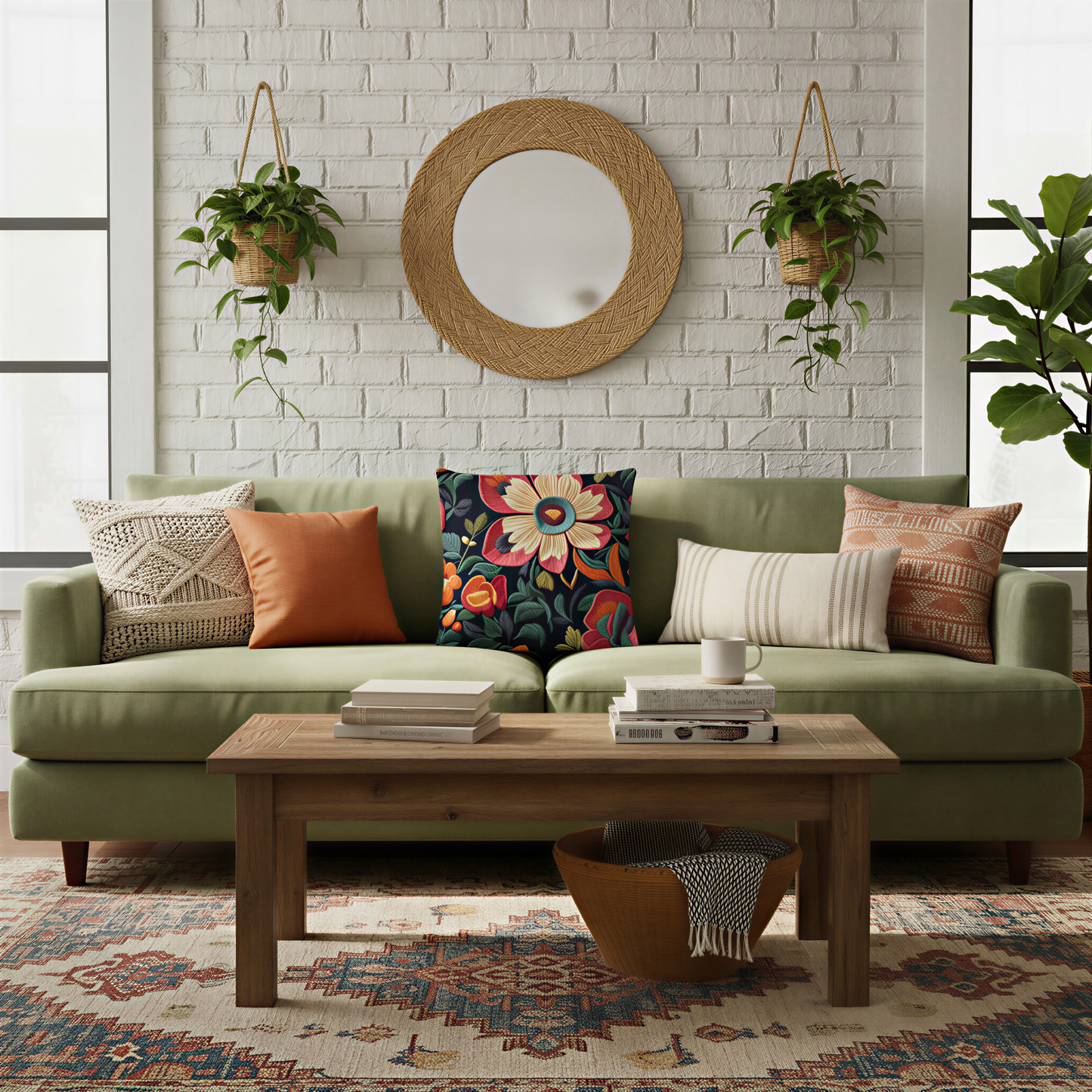 Square cushion featuring a dramatic floral arrangement of large blossoms, leafy stems, and decorative foliage on a dark navy background. The design combines bright warm colours with cool teal accents for a handcrafted, bohemian look.