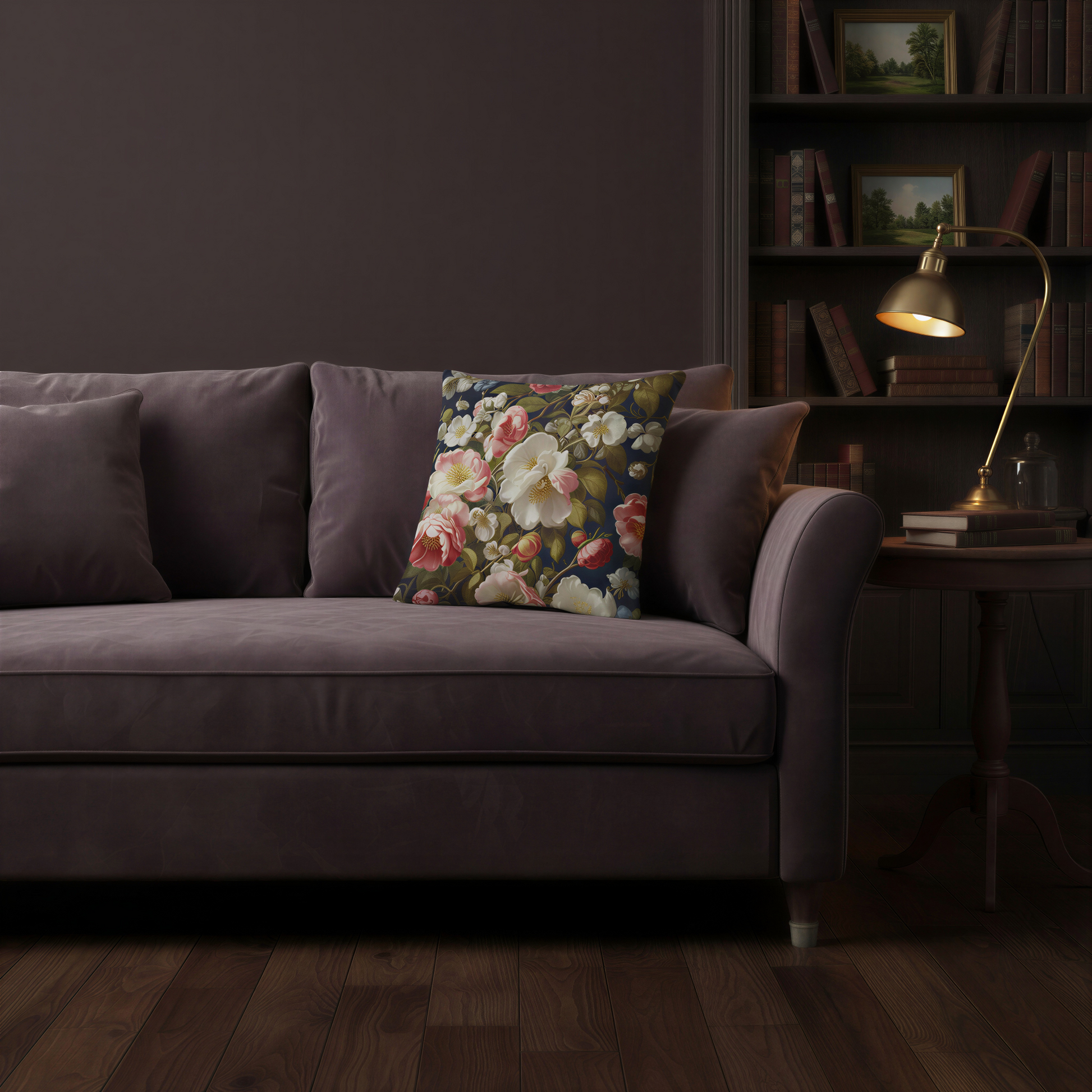 Square decorative cushion featuring abundant blush-pink and ivory flowers with olive-green leaves and twisting branches against a deep navy background.