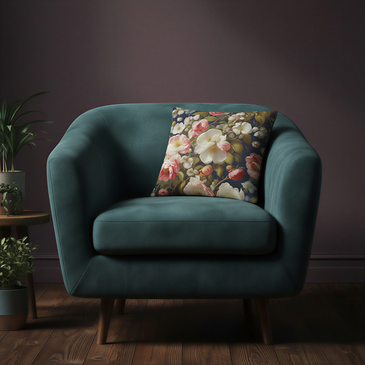 Decorative cushion with an abundant country-garden design of layered pink and ivory blooms, small white blossoms, flower buds and olive-green leaves on a deep blue background.