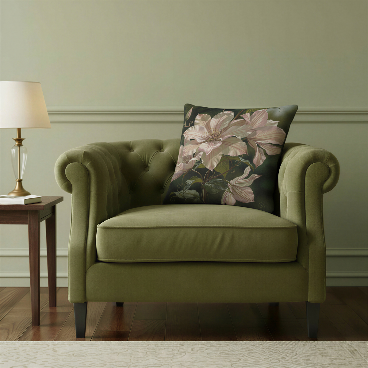 Decorative cushion showing a dramatic arrangement of large blush-pink clematis blooms, leafy climbing vines and delicate curling tendrils against rich, shadowy green foliage.