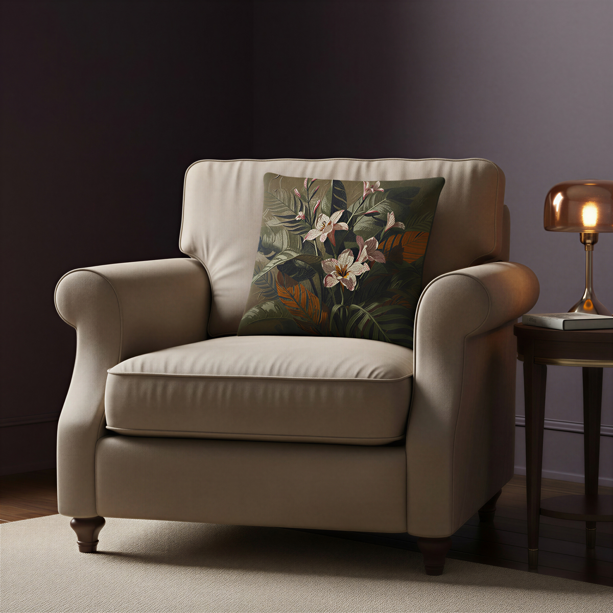 Square decorative cushion featuring soft blush-pink freesia flowers surrounded by large tropical leaves in deep green, olive, brown and burnt orange tones on a dark background.