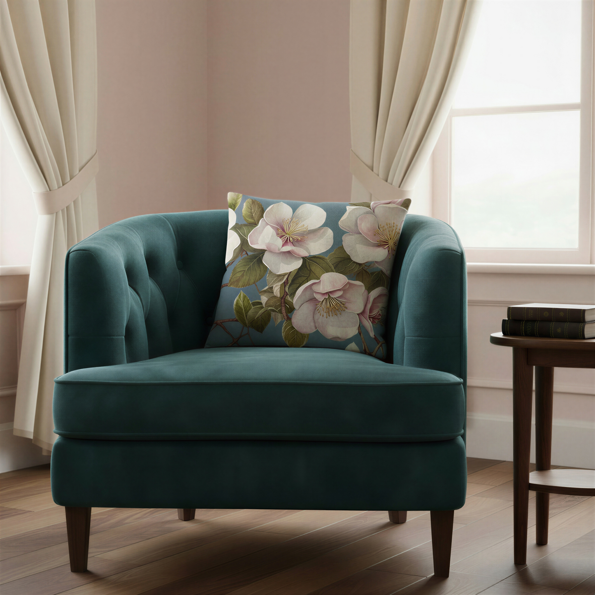 Floral scatter cushion displaying oversized cream and soft pink flowers surrounded by detailed green leaves and twisting branches on a blue background