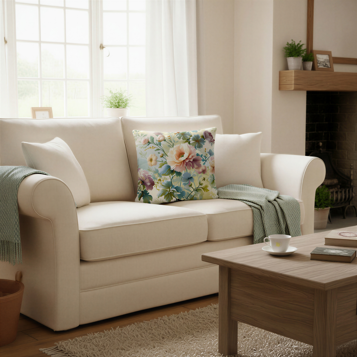 Decorative cushion featuring a colourful English country garden pattern of large soft-pink and peach flowers, smaller blooms and blue-green foliage against a pale background.