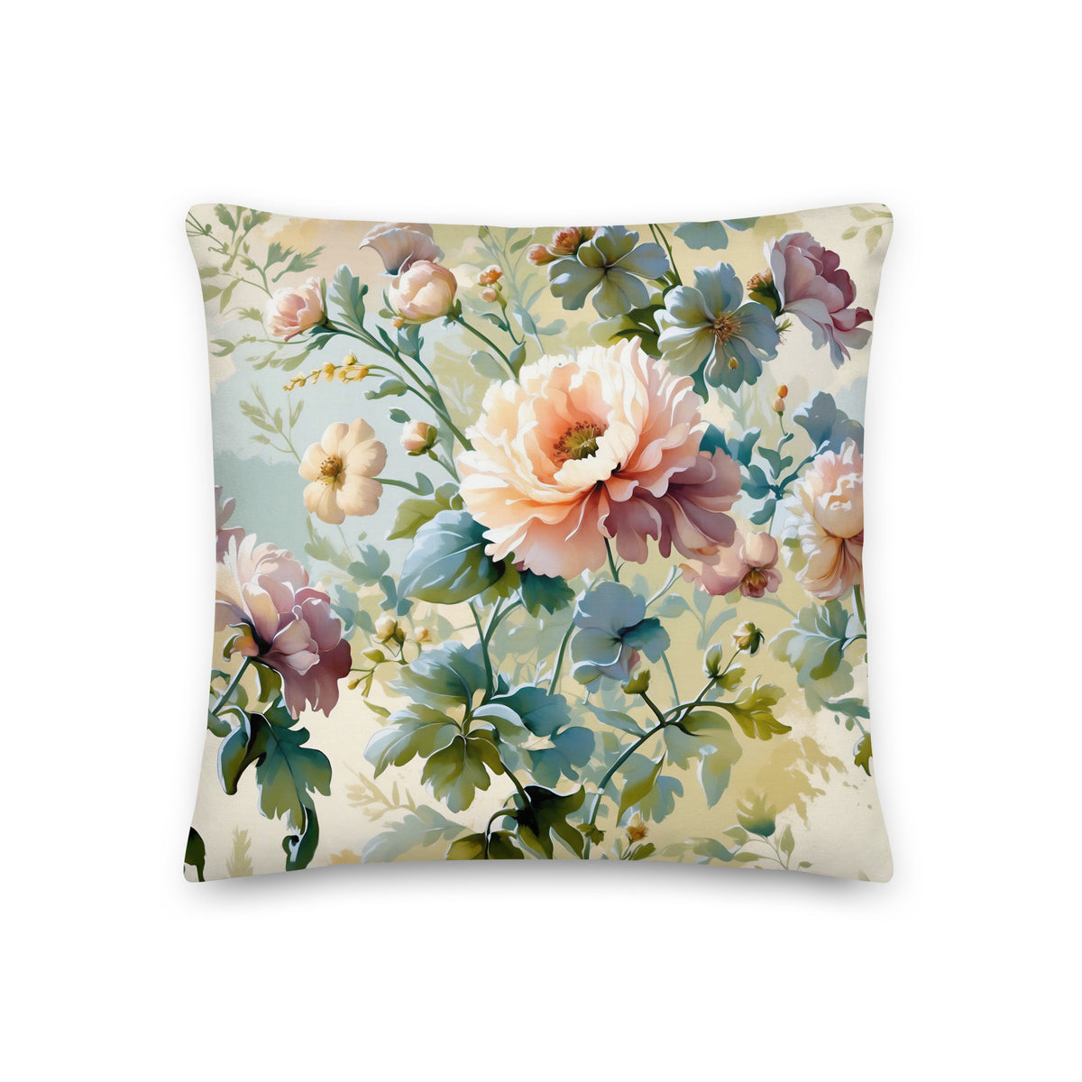 Pastel cottage garden cushion with peach, pink, cream and blue flowers and sage-green foliage on a light background.