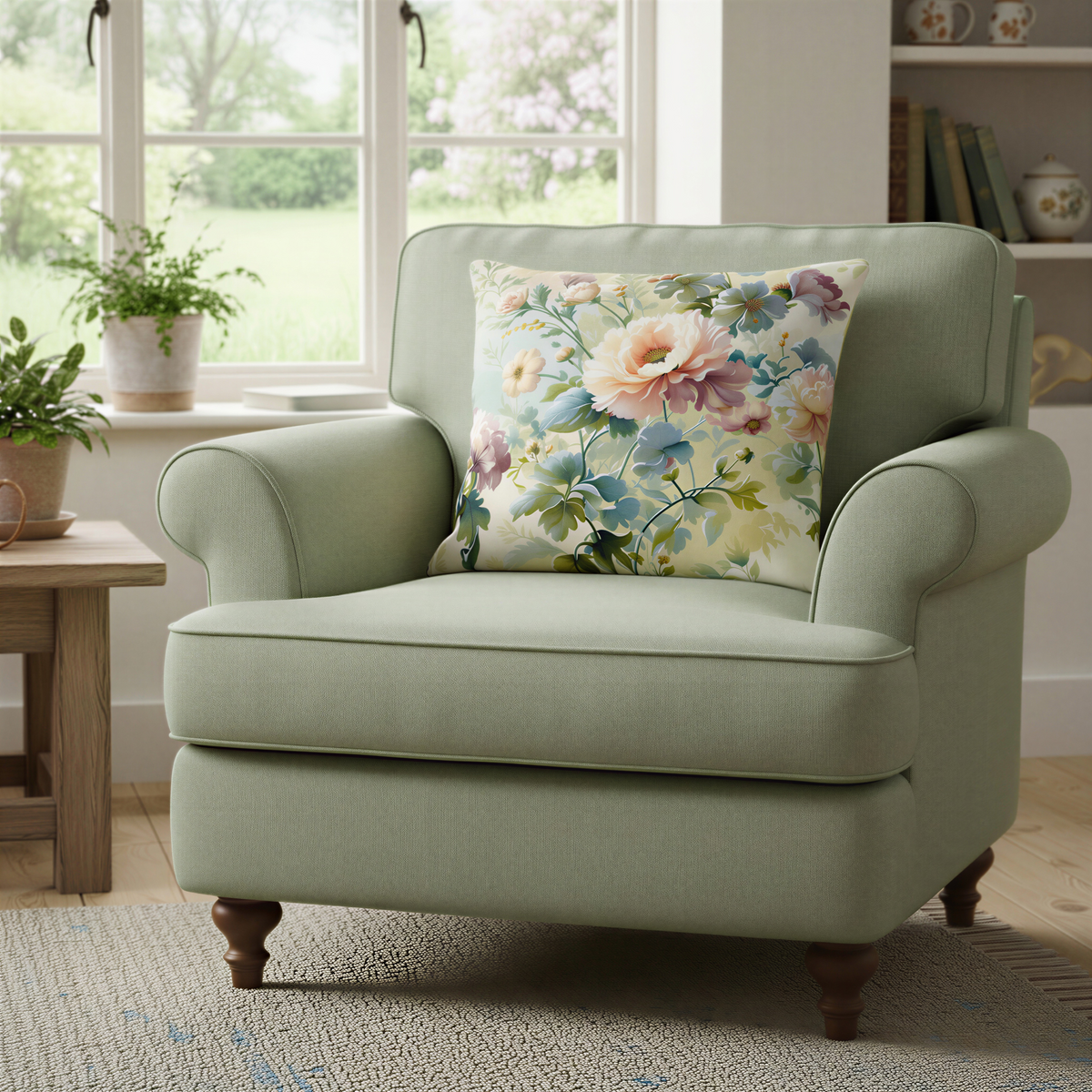 Square decorative cushion featuring an abundant arrangement of peach, blush pink, cream and pale blue flowers with sage-green leaves on a light background.
