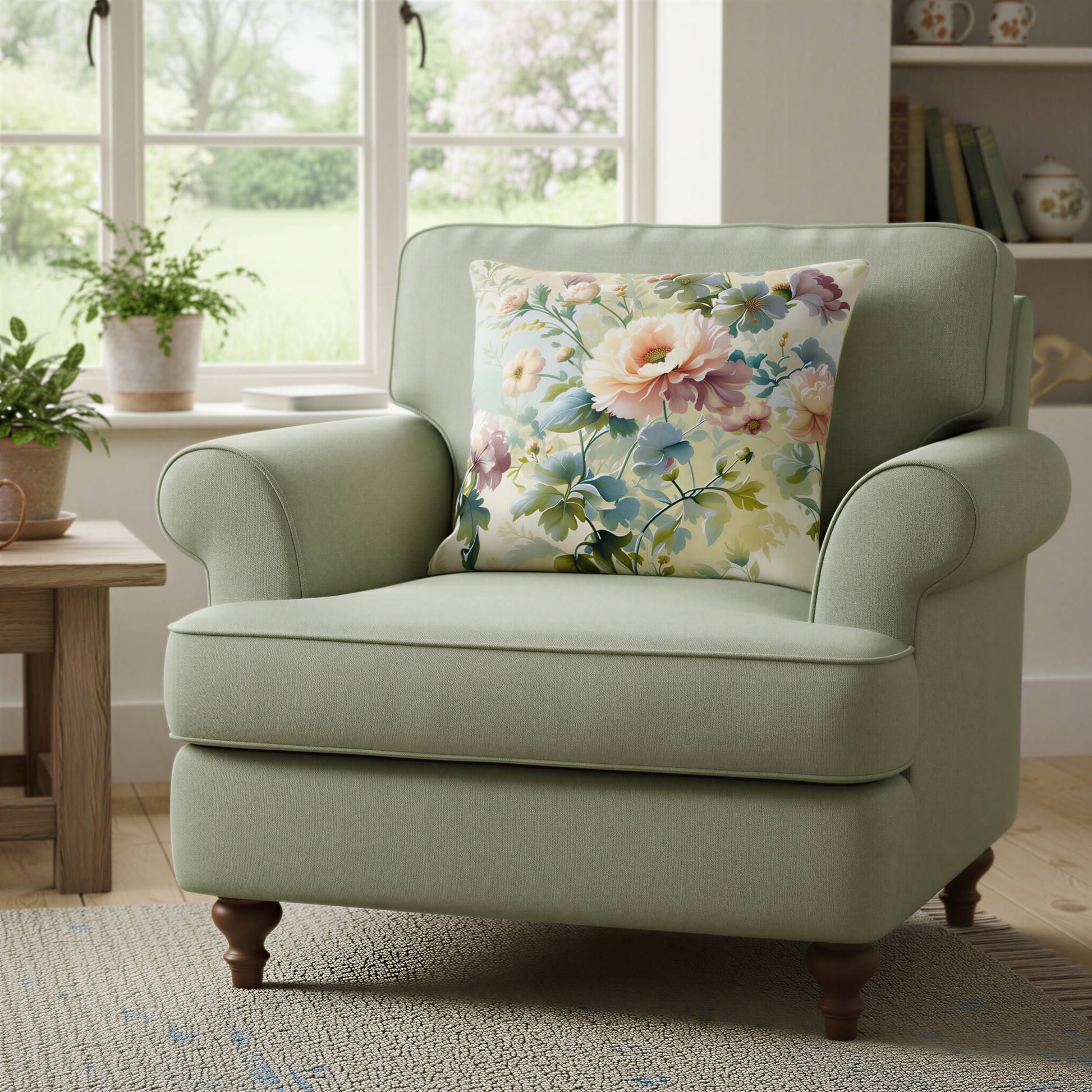 Square decorative cushion featuring an abundant arrangement of peach, blush pink, cream and pale blue flowers with sage-green leaves on a light background.