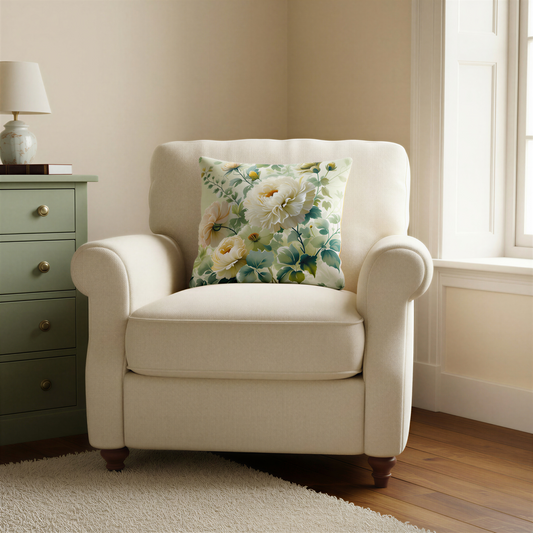 Square decorative cushion featuring large creamy white flowers with soft blush accents and golden centres, surrounded by sage and deep green foliage on a pale background.