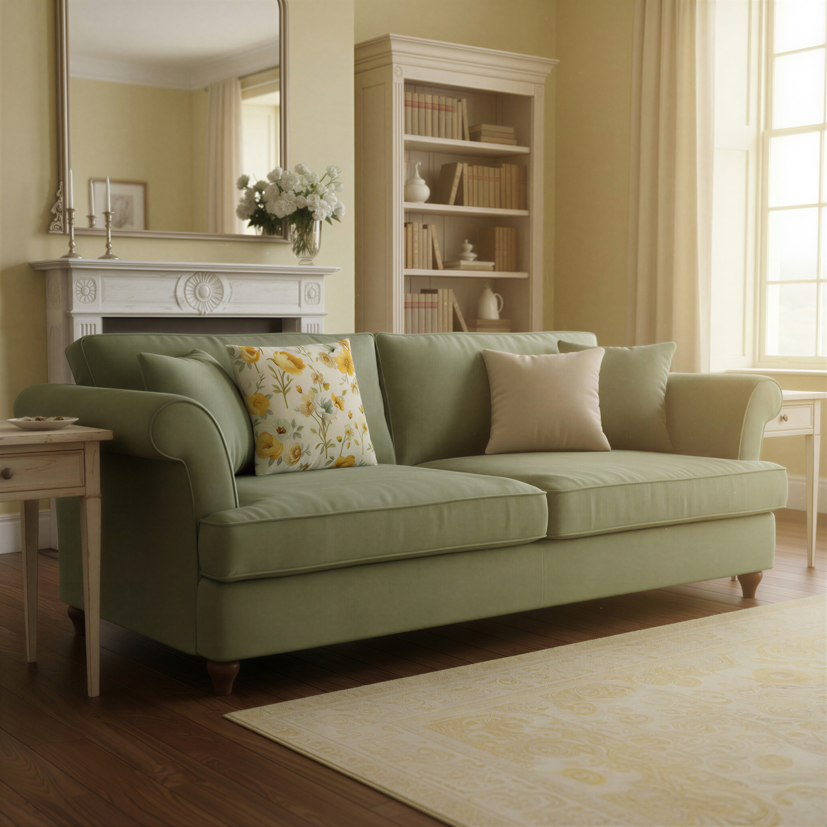 Decorative country-style cushion with yellow and ivory garden flowers arranged among delicate sage-green foliage on a pale cream neutral background.