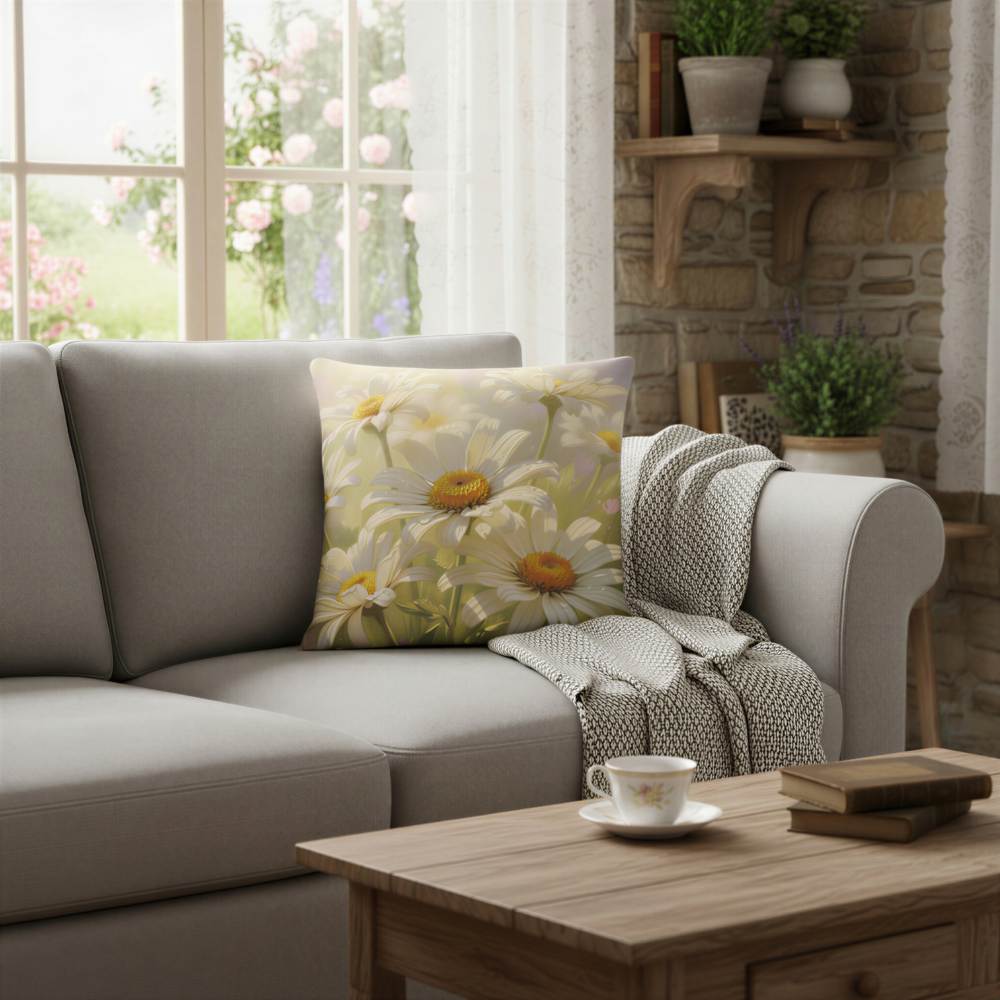 Square decorative cushion featuring white daisies with golden-yellow centres blooming in a sunlit meadow. Soft pastel tones and delicate water droplets on the petals create a dreamy, impressionist-style floral scene.