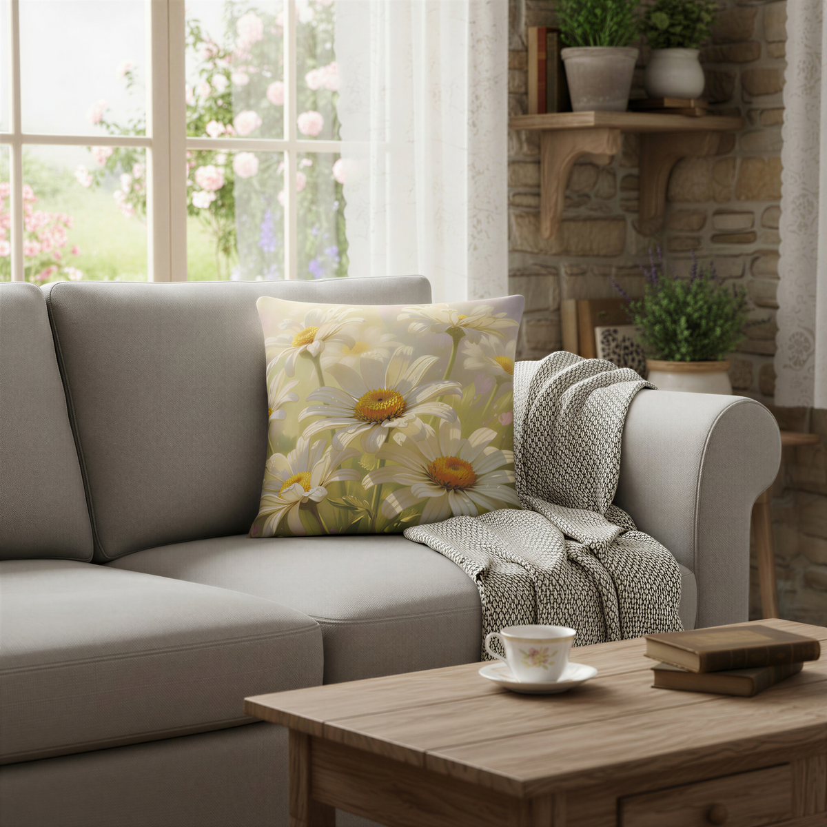 Square decorative cushion featuring white daisies with golden-yellow centres blooming in a sunlit meadow. Soft pastel tones and delicate water droplets on the petals create a dreamy, impressionist-style floral scene.