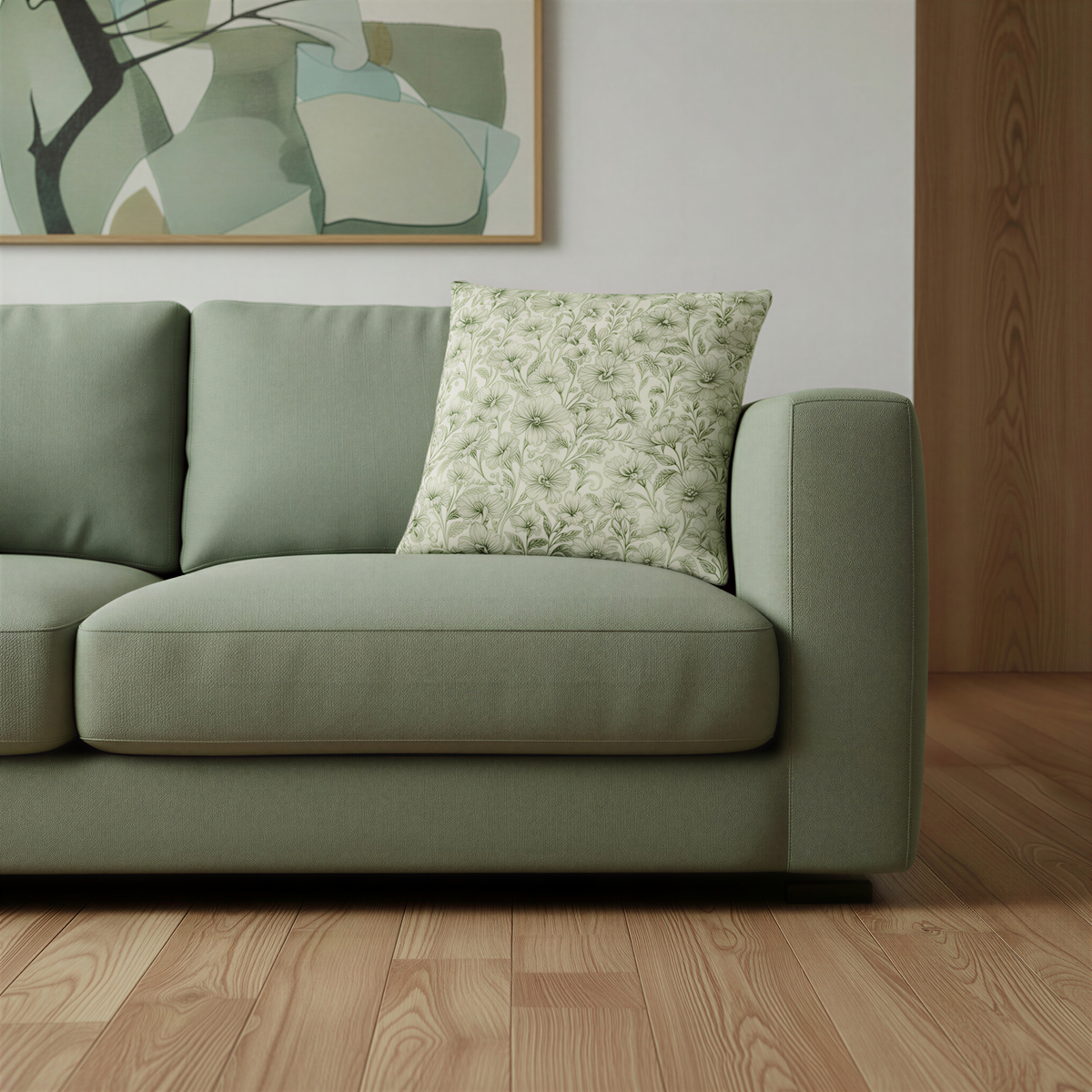 Square botanical cushion with densely arranged pale green flowers and trailing foliage in the style of a vintage botanical illustration.