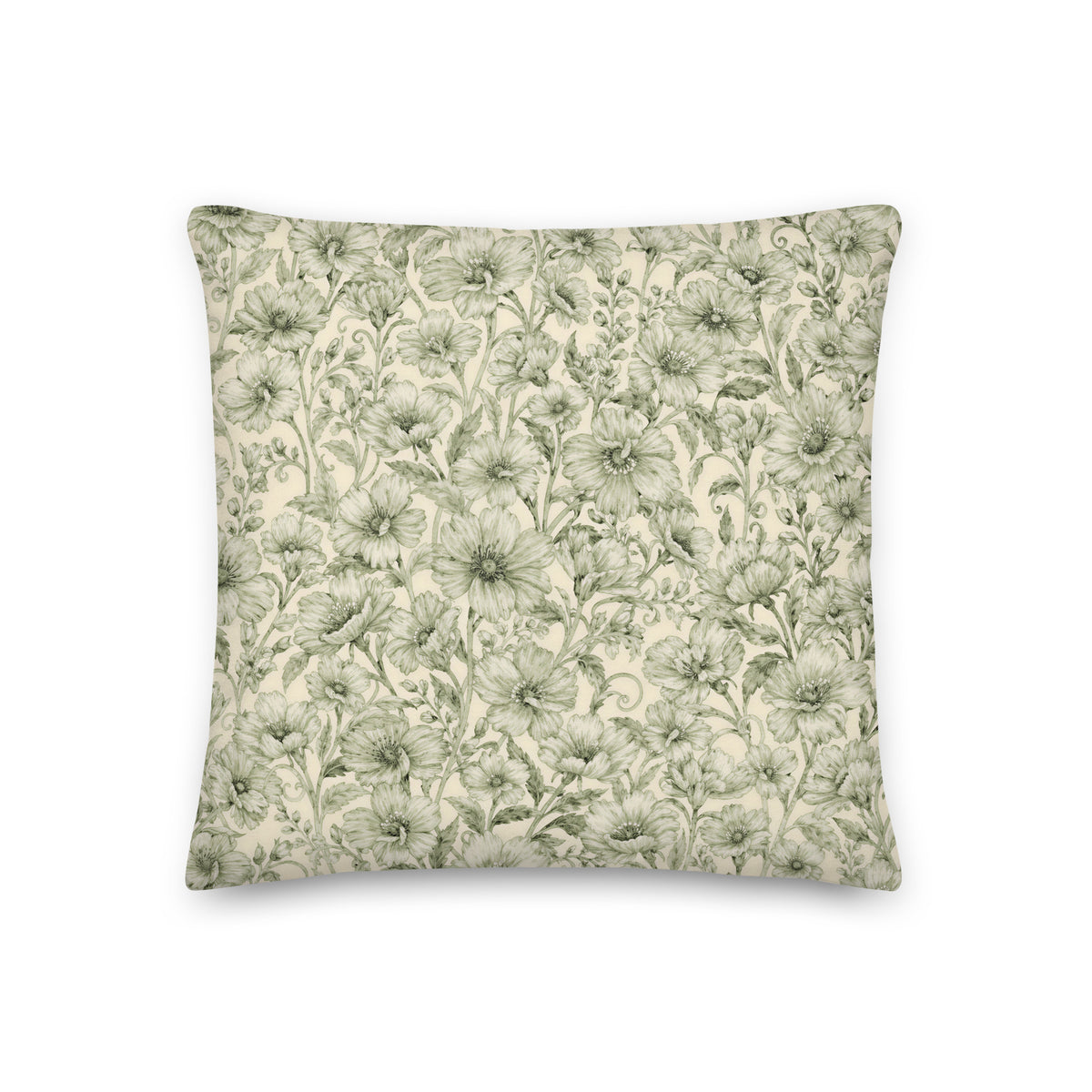 Bring the quiet beauty of a traditional country garden indoors with this elegant sage green botanical chintz cushion
