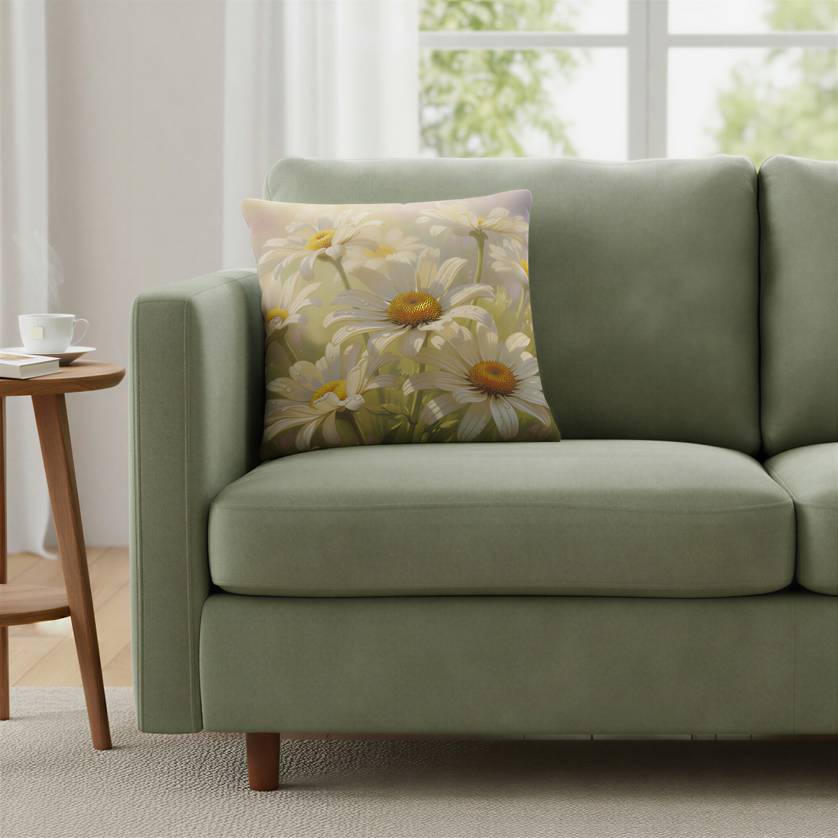 Floral cushion displaying large white daisy blossoms with yellow centres, covered in sparkling dew drops. The soft-focus background and painterly details give the design a warm, romantic countryside feel.