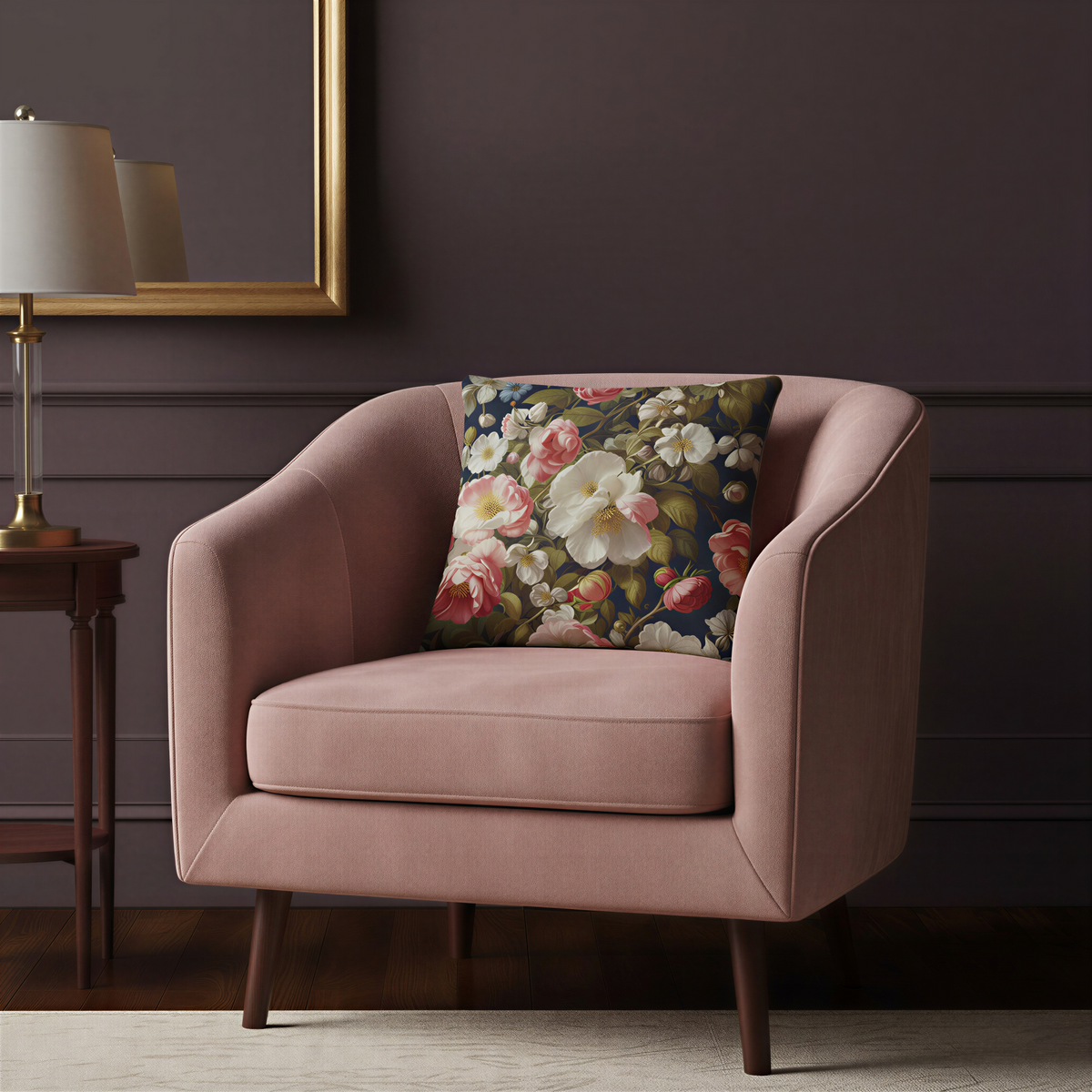 Square cushion featuring a richly detailed vintage botanical pattern with soft pink and creamy white flowers surrounded by leafy branches against a dark navy backdrop.