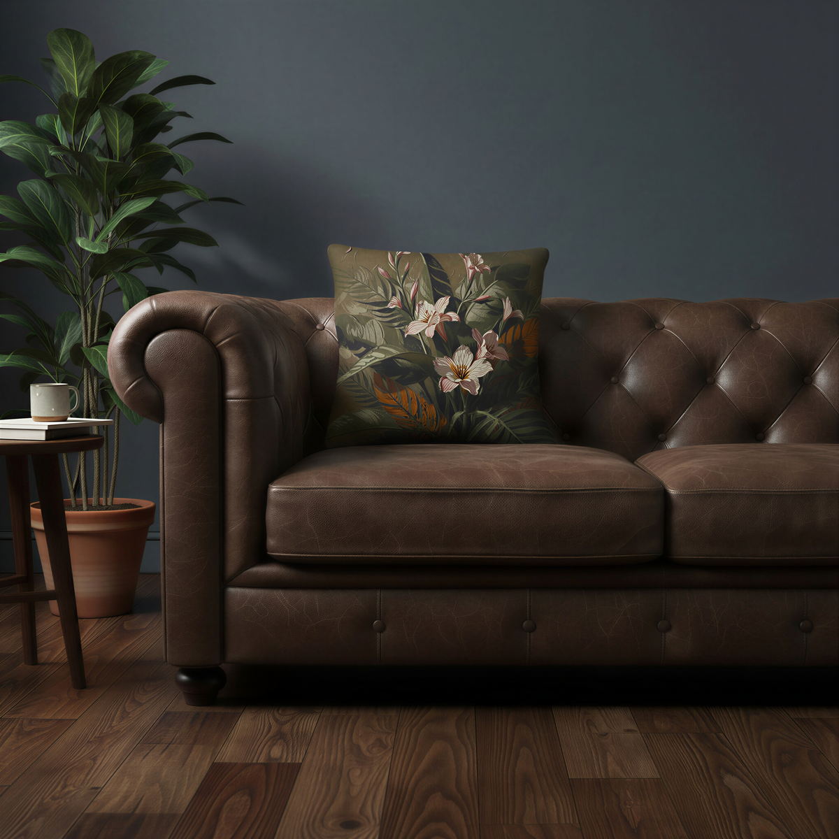 Dark botanical cushion featuring delicate blush flowers against a richly textured background of oversized tropical leaves and earthy foliage, creating a sophisticated nature-inspired design.