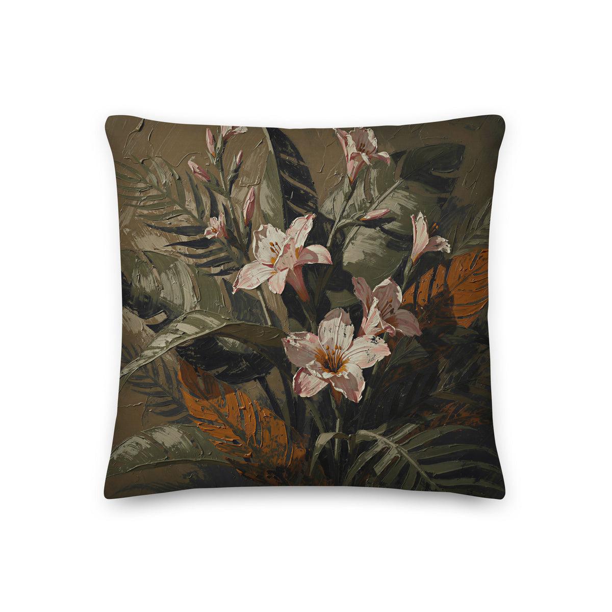 Dark botanical cushion with blush-pink freesia flowers and tropical olive-green foliage on a rich earthy background.