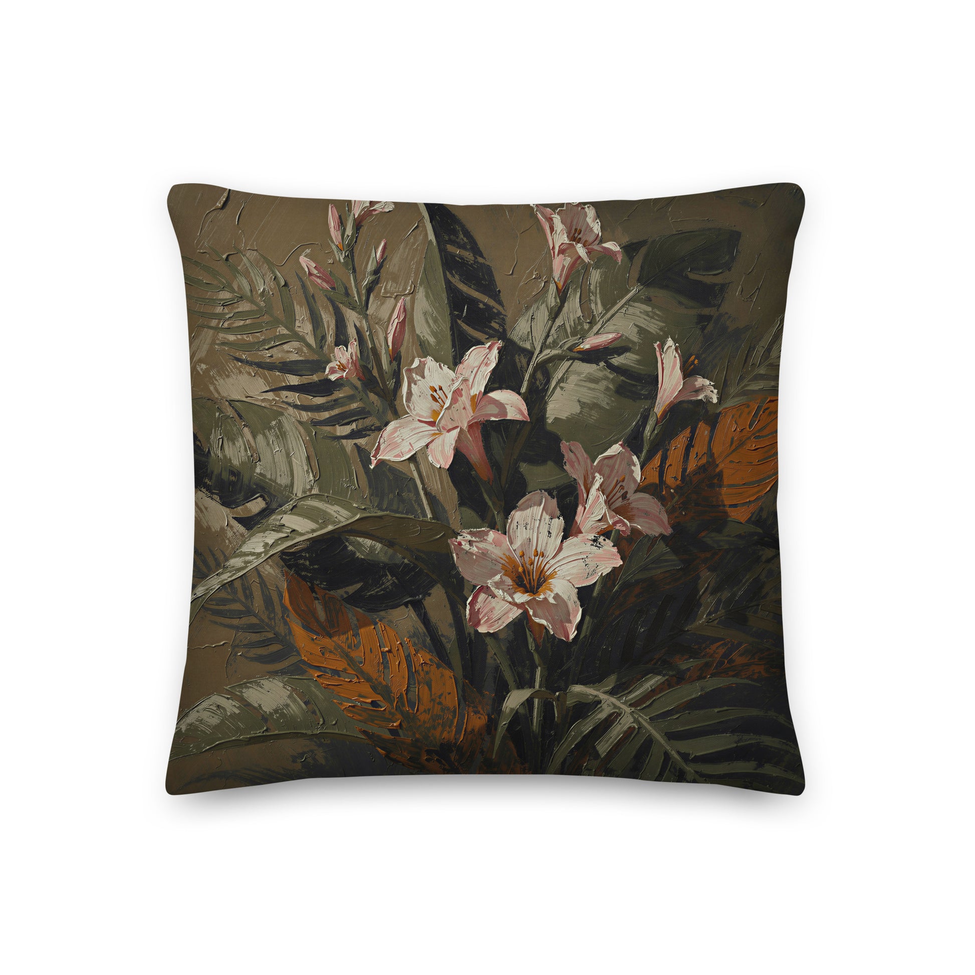 Dark botanical cushion with blush-pink freesia flowers and tropical olive-green foliage on a rich earthy background.
