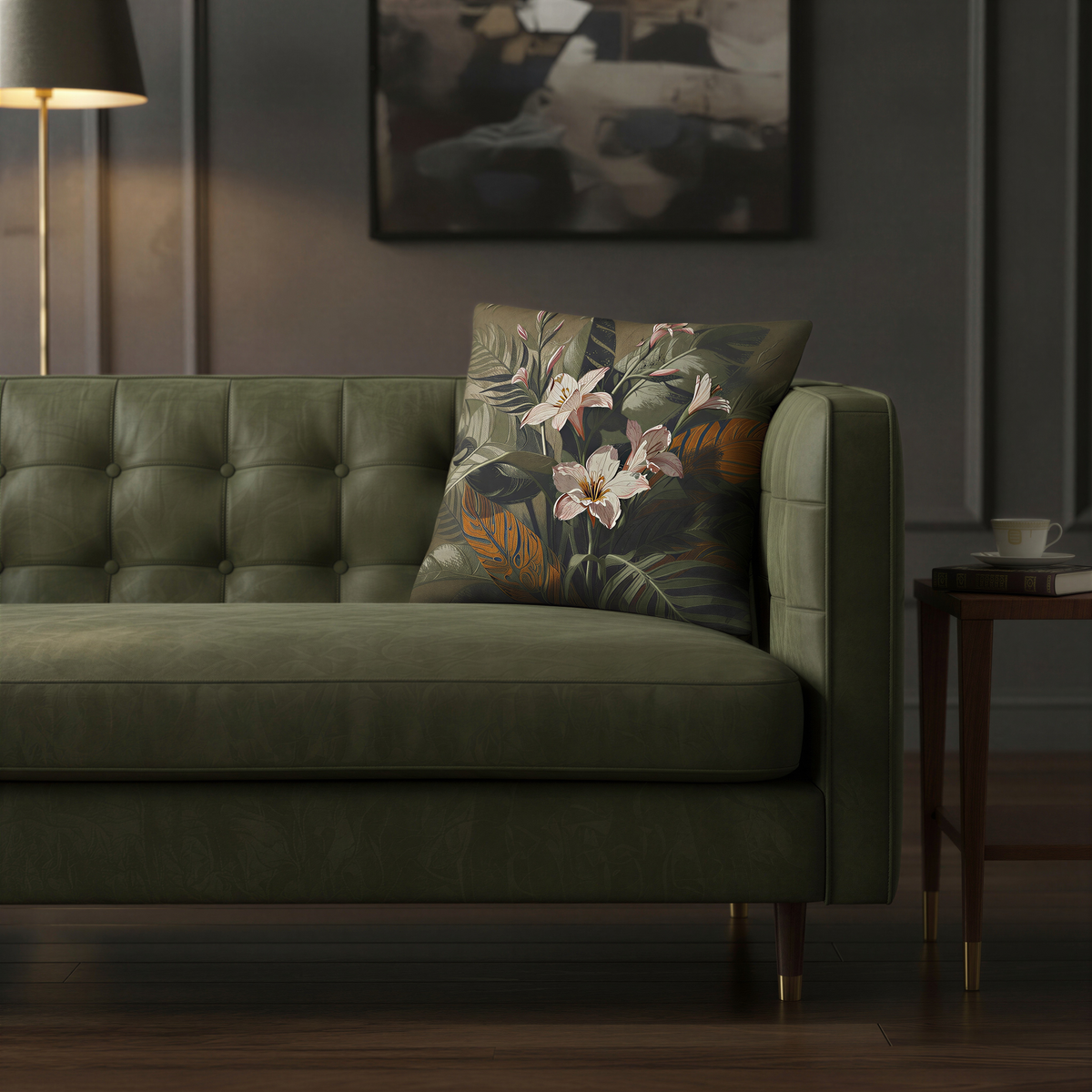 Decorative scatter cushion with elegant pale pink fresias blooming amongst dramatic botanical foliage. Rich earthy greens and warm brown leaves create a luxurious moody garden design.
