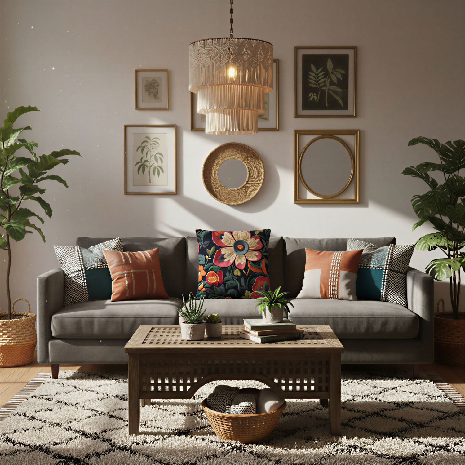 Square decorative cushion featuring large embroidered-style flowers in coral pink, cream, orange, and teal against a deep navy background. Detailed petals and leafy foliage create a bold bohemian floral design.