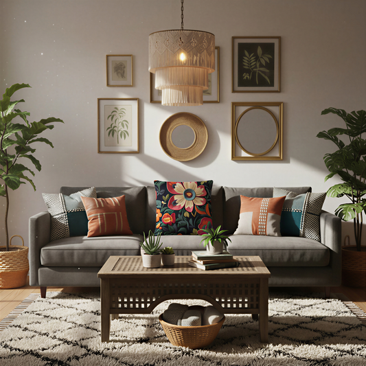 Square decorative cushion featuring large embroidered-style flowers in coral pink, cream, orange, and teal against a deep navy background. Detailed petals and leafy foliage create a bold bohemian floral design.