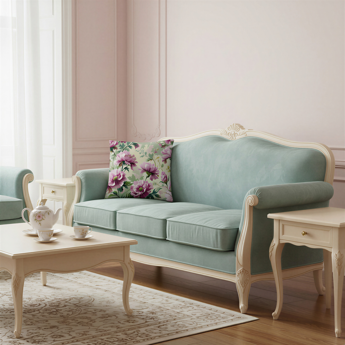 Square cottage-style cushion with large layered magenta pink flowers, deep berry-pink centres and scattered green botanical foliage.