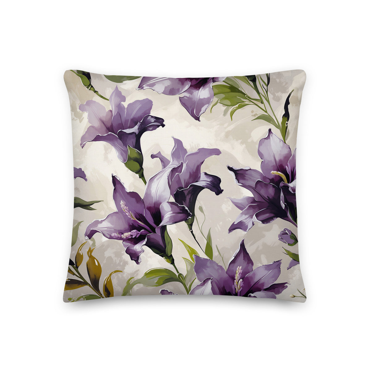 Elegant purple freesia cushion brings the beauty of dramatic garden blooms into the home.