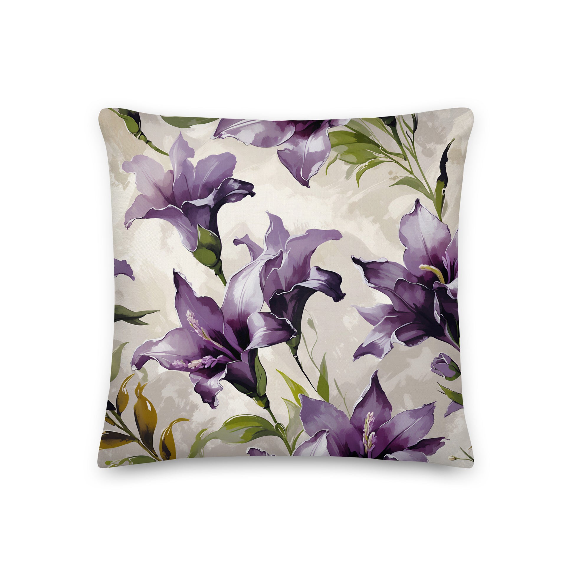 Elegant purple freesia cushion brings the beauty of dramatic garden blooms into the home.