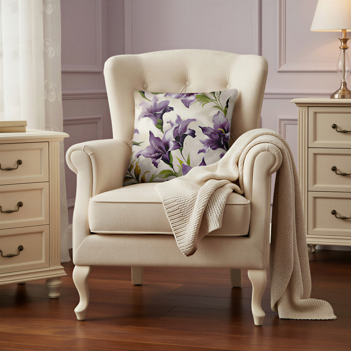 Square decorative cushion featuring large purple and lavender freesia flowers with green leaves on a soft ivory background.