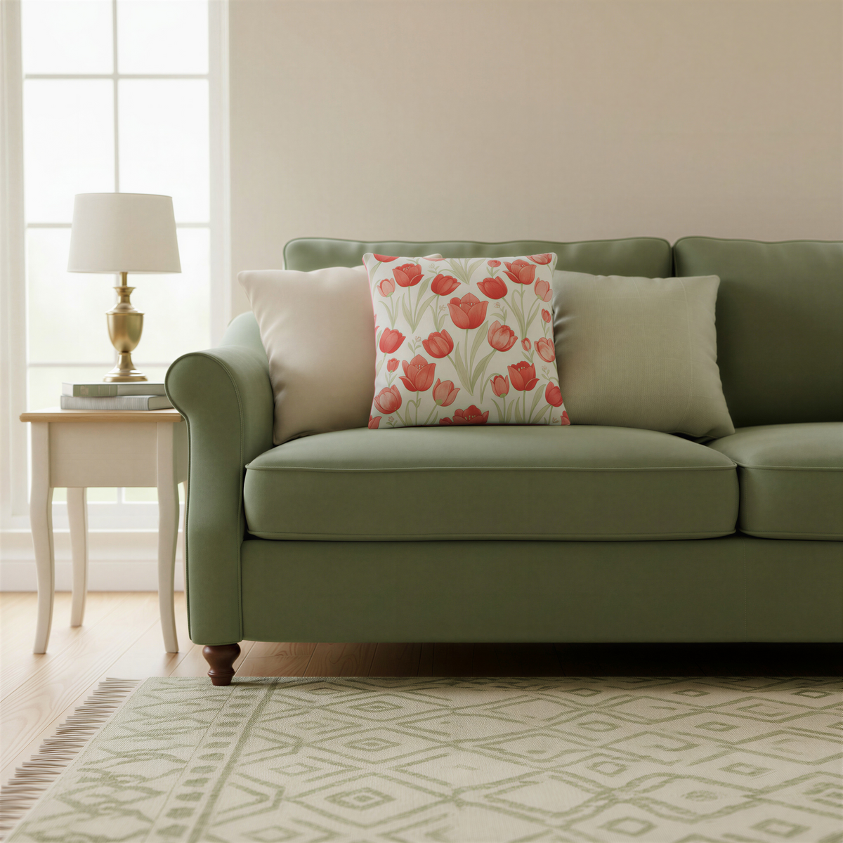 Decorative floral cushion with scattered red tulips, pale green stems and leaves against a fresh white background.