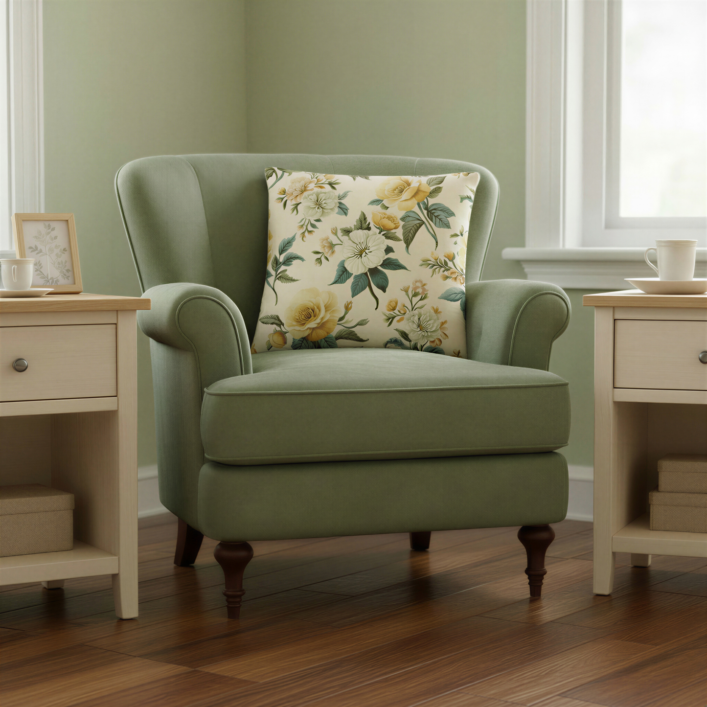 Decorative cushion with an all-over country garden pattern of yellow flowers, ivory blossoms and small buds amongst muted green leaves on a pale cream background.