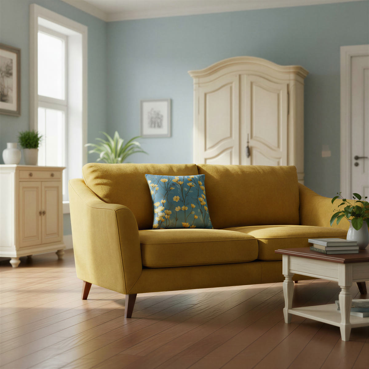 Botanical cushion featuring delicate yellow meadow flowers, branching dark stems and subtle blue-green leaves on a calm blue background.