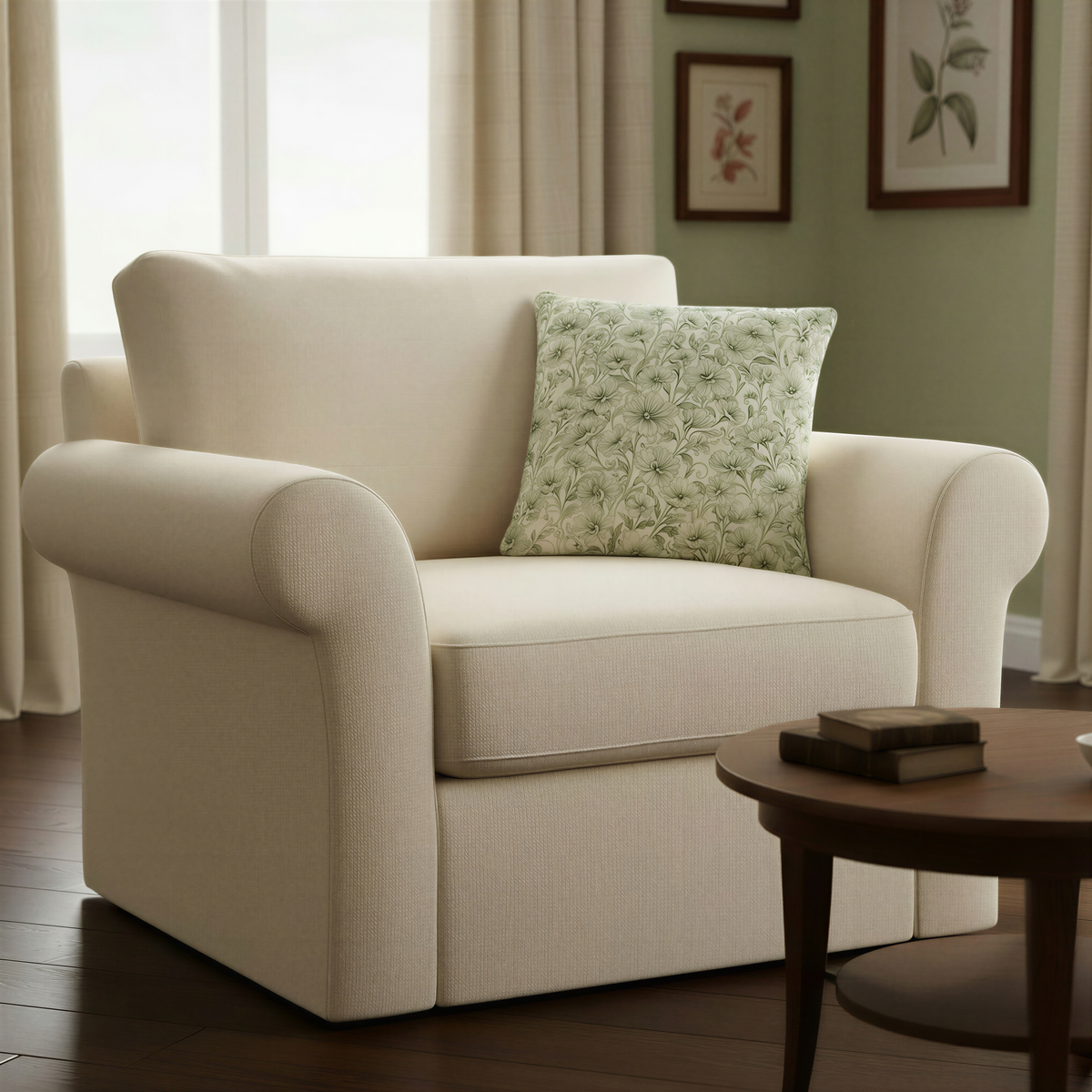 Ivory cream cushion covered with finely detailed sage-green flowers, curling stems, leaves and small flower buds in an all-over pattern.