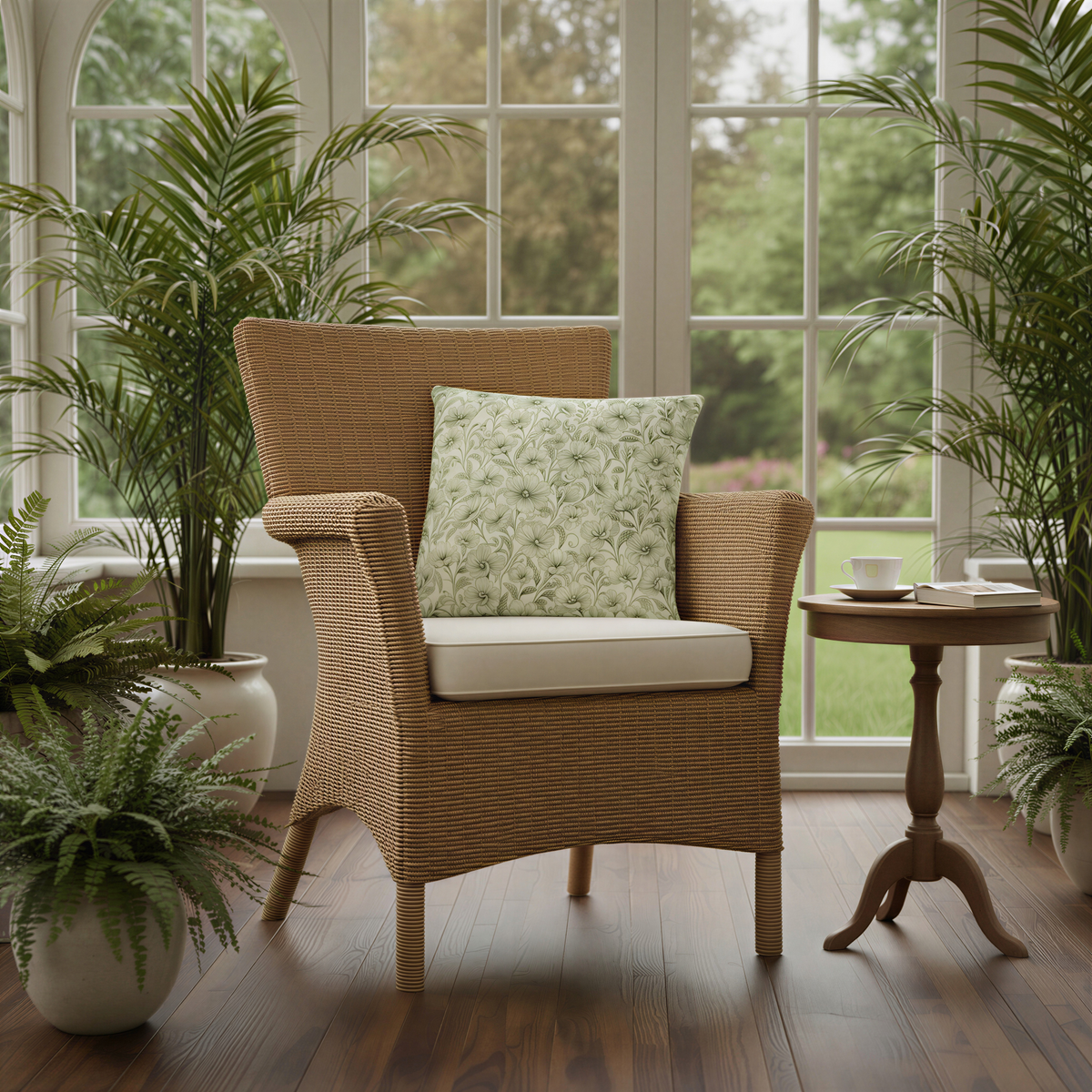 Square decorative cushion featuring an intricate sage-green floral and leafy botanical pattern on a warm ivory cream background.