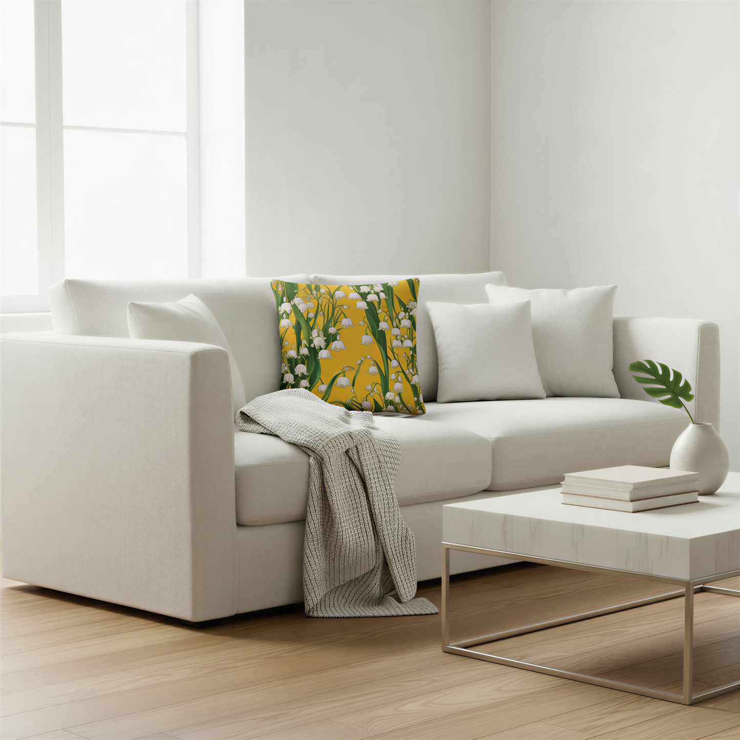 Yellow botanical cushion covered with clusters of small white bell-shaped lily of the valley flowers and sweeping green foliage.