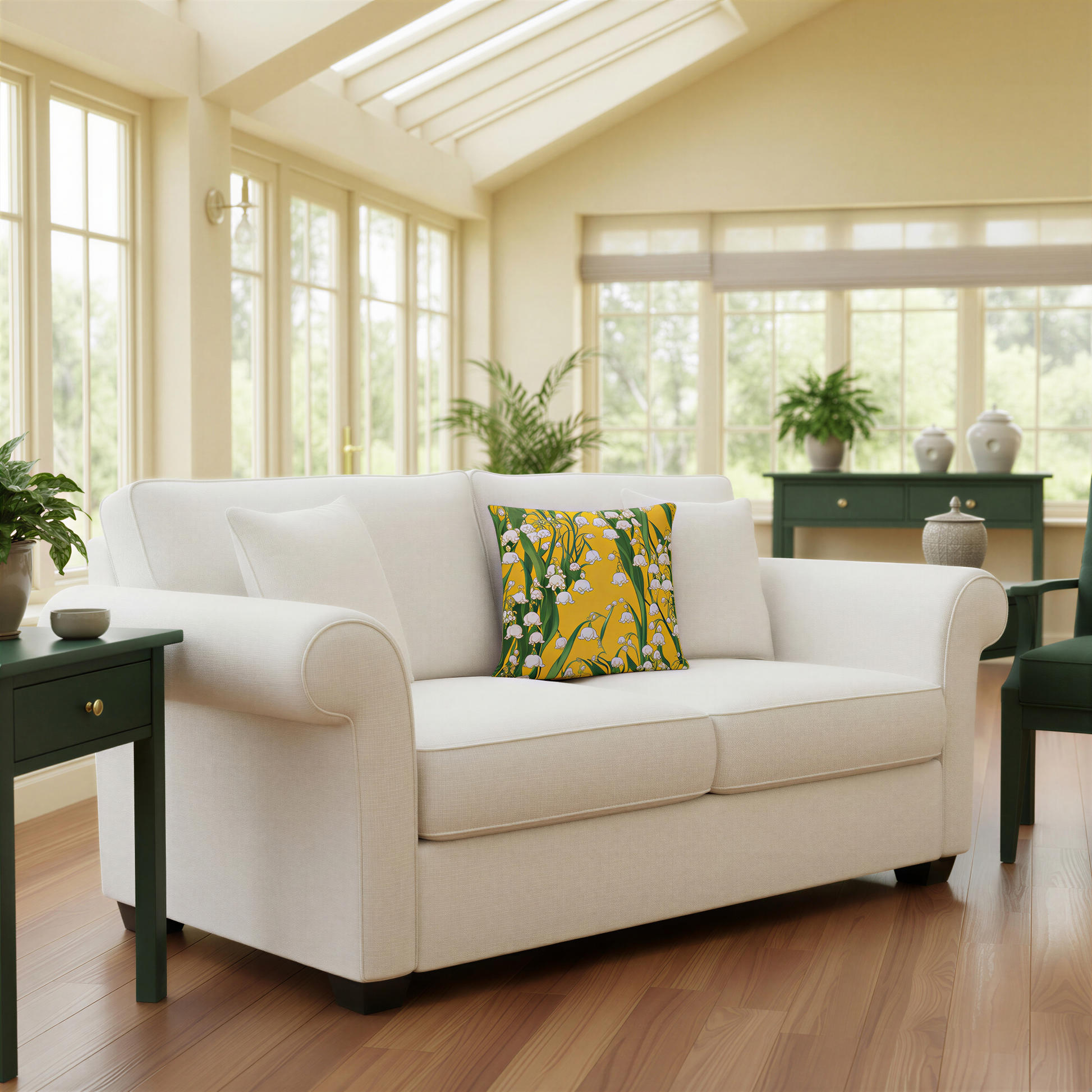 Vintage-style botanical cushion with delicate lily of the valley flowers and tall leafy green stems arranged across a warm yellow background.