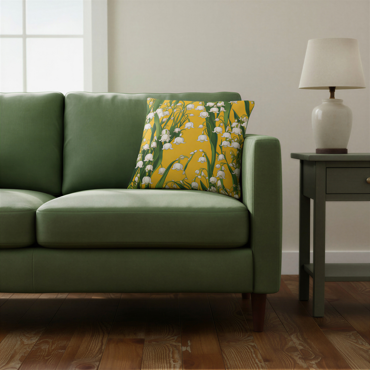 Square floral cushion featuring arching stems of white lily of the valley blossoms and deep green leaves on a yellow background.