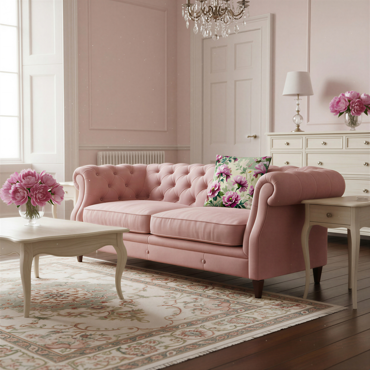 Floral cushion decorated with ruffled pink and magenta blooms, flower buds and leafy green stems against a creamy pale sage-green background.
